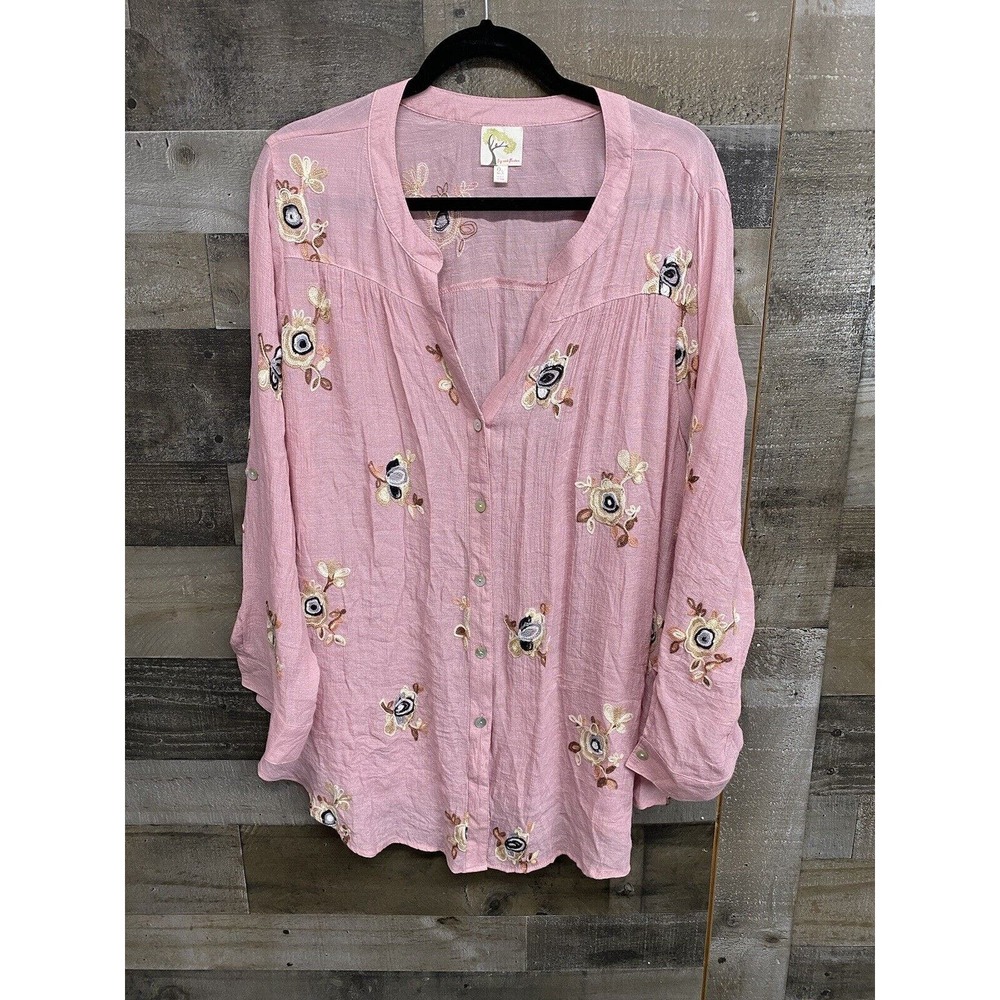 Fig + Flower Anthropologie Pink Floral Embroidered Blouse